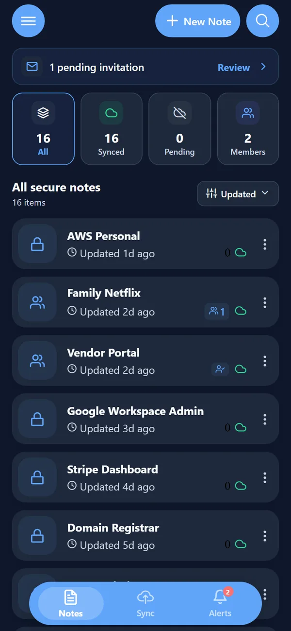 Zealerio Notes: the list of secure notes