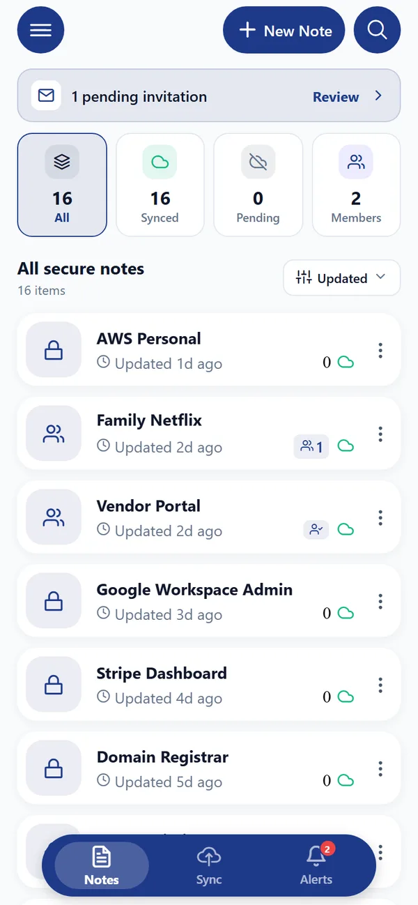Zealerio Notes: the list of secure notes
